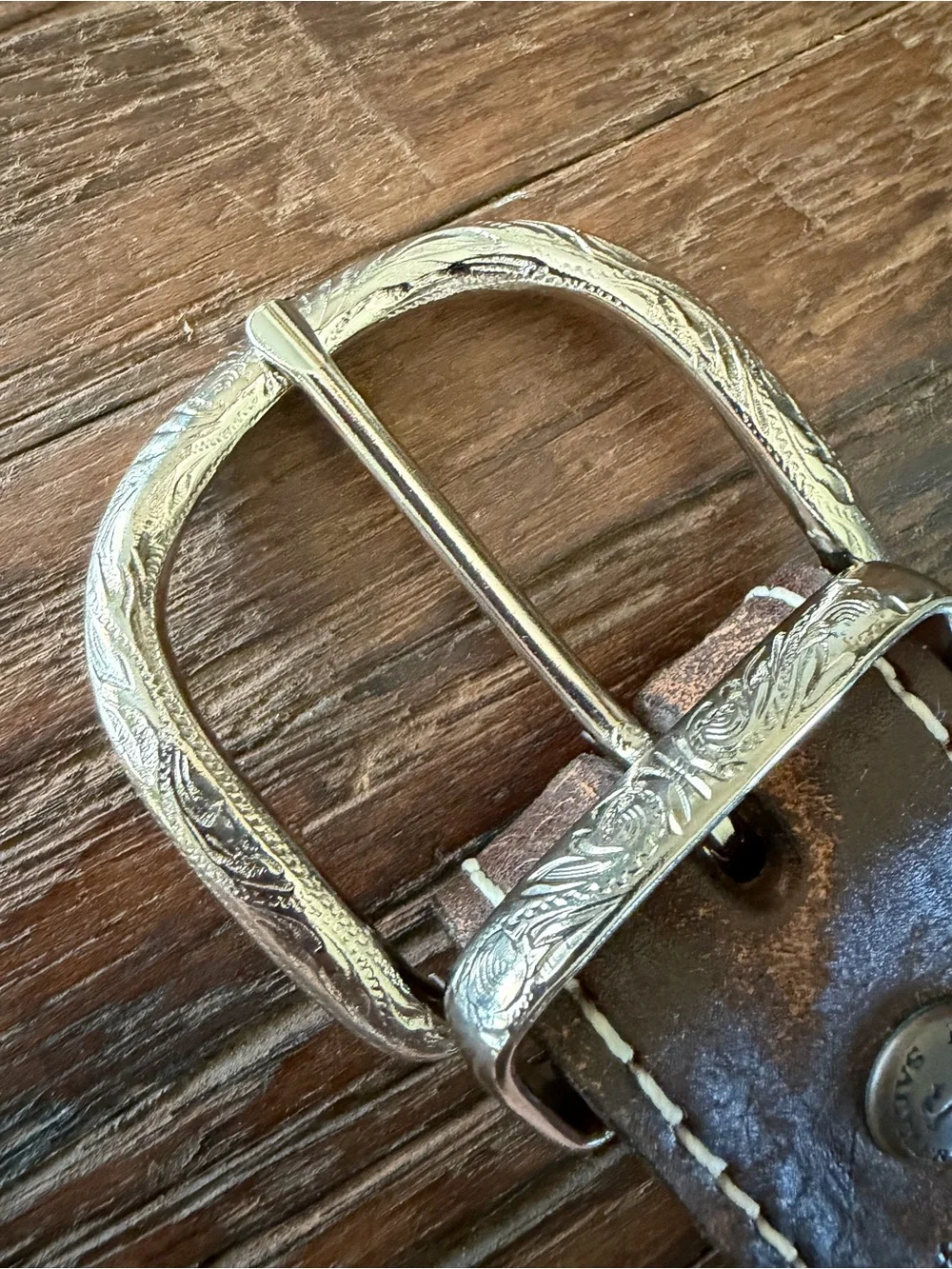 Double J Saddlery Brown Hand Tooled Leather Unisex Belt with Silver Buckle 34”